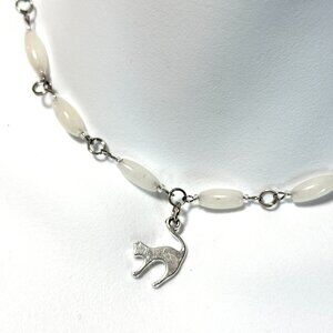 Genuine Milky Quartz Short Necklace, Natural Gemstone w/ Cute Slim Cat Pendant